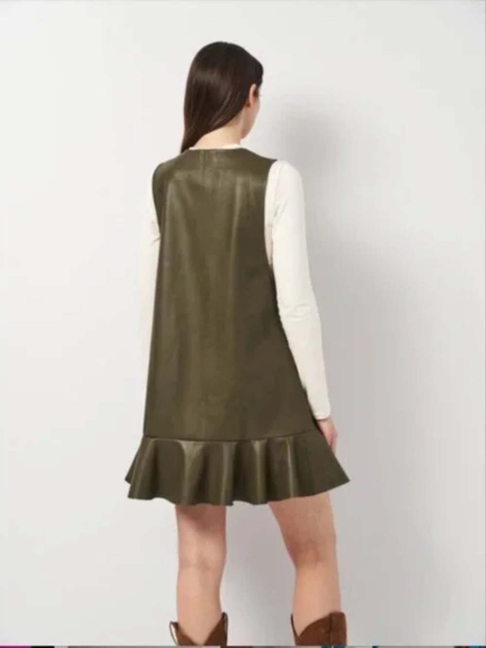 Zara Olive Green Faux Leather Vest Dress Women Size Medium Retro Flounce Button - Picture 2 of 6